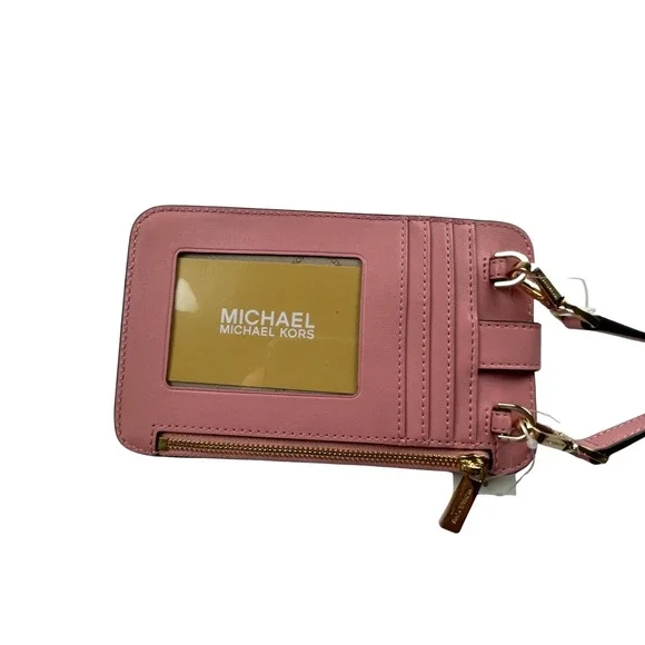 NWT Michael Kors Women Jet Set Travel Phone Crossbody Pink MK Logo Canvas Travel - Picture 2 of 8
